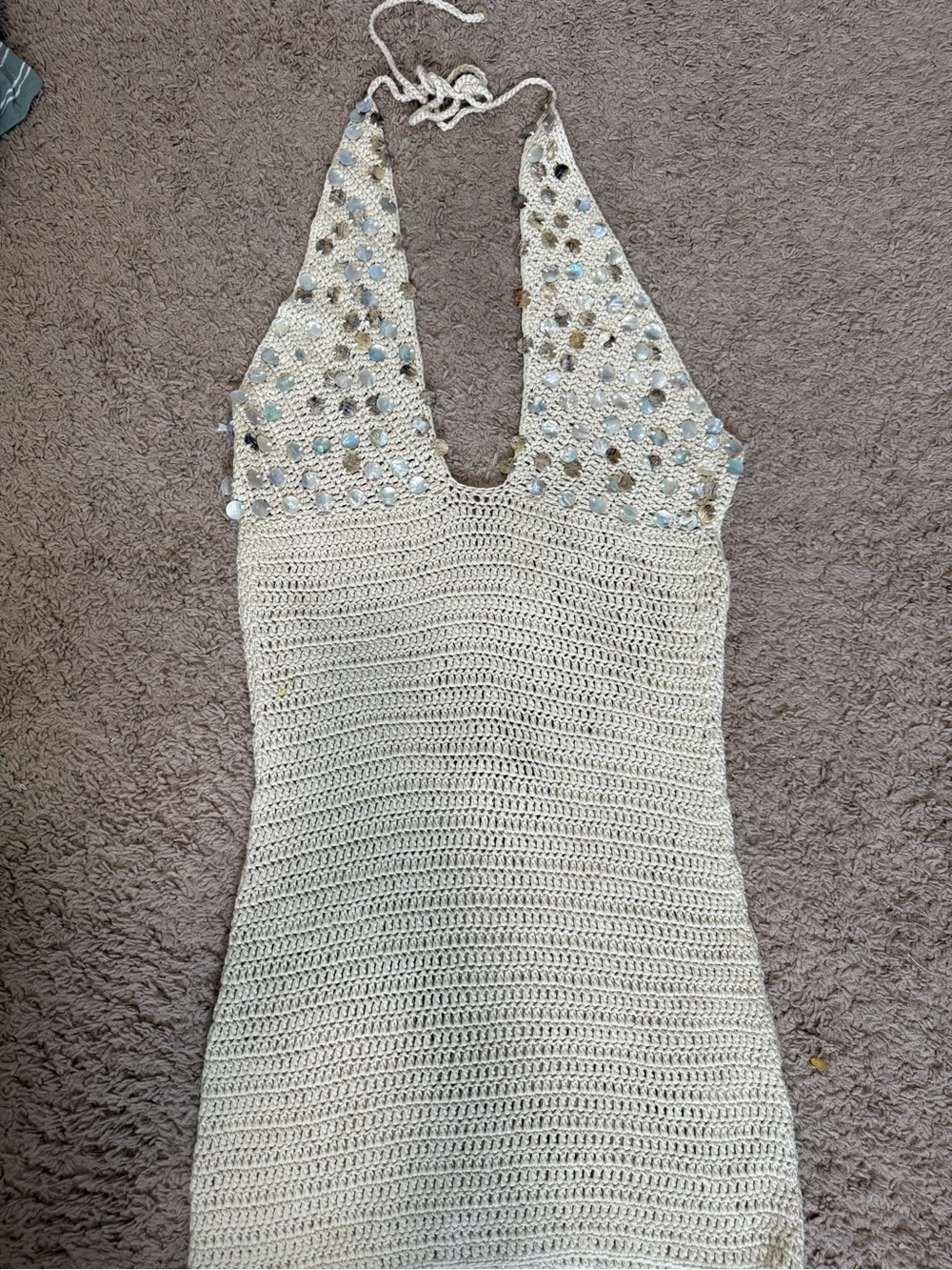 White Fox Boutique Cream Crochet Halter Dress with Sequin Accent
